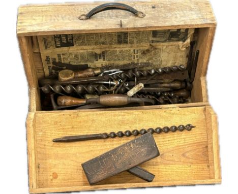 Vintage wooden tool box with a selection of assorted tools 
