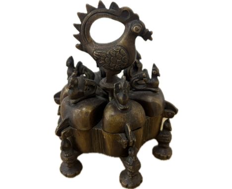 Vintage Indian brass spice box, approximate measures: Height 5 inches, diameter 4.5 inches