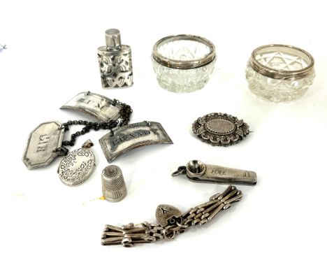 Selection of silver pieces to include drink labels, silver rimmed pots, gate bracelet, art nouveau style perfume bottle, silv