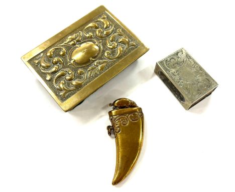 Novelty 20th century brass vesta case in the shape of a boar tusk with a boar to the lid, brass matchbox holder, silver plate