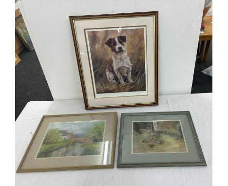 Framed Painting depicting chicken and a limited edition print of a dog, largest measures approximately 23 inches by 19 inches
