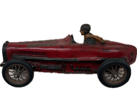 Vintage large resin Bugatti racing car model with driver, approximate measurements: 28.5 inches