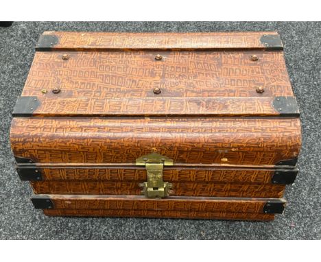 Tin brass handled travel trunk 16 inches wide 16 inches tall 