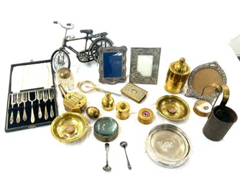 Selection of brass, metal ware to include a silver hallmarked picture frame, compass etc