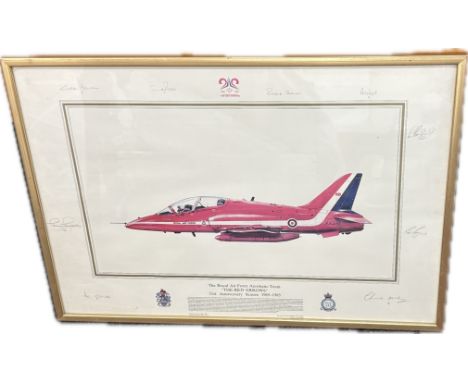 Large framed signed print of The Royal Air force Aerobatic team "The Red Arrows" 21st anniversary, approximate frame measurem