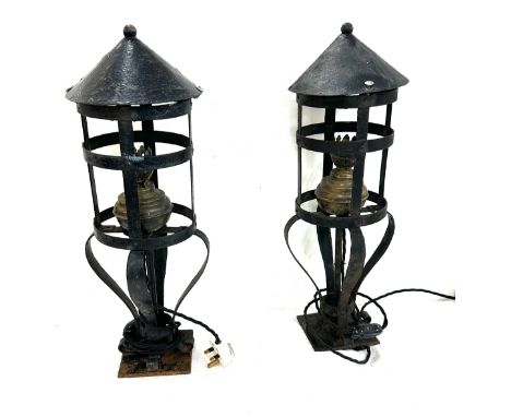 Pair of vintage wrought iron balustrade oil lamps overall height 23 inches tall 
