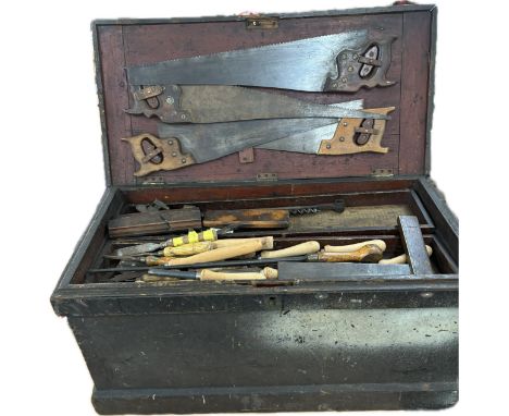 Vintage wood tool trunk, measures approximately 15 inches tall 30 inches wide 18 inches depth