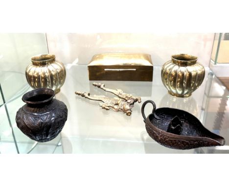 Selection 5 oriental metalware pieces to include a set of brass spice cutters, brass box, pair brass vases marks to base, cop