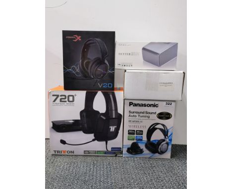 A group of five headset headphones, including Panasonic RP-WF950 and Triton 720+ 7.1, together with a 52025 'Better Sound Qua