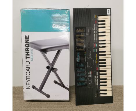 A Yamaha PortaSound PSS-480 electric keyboard, L. 66cm, together with a Stagg KEB-A10 keyboard throne.