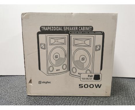 A pair of Skytec 500 Watt trapezoidal speaker cabinets, 6" Woofer &amp; horn tweeter (Skytronic ref no. 178.727).