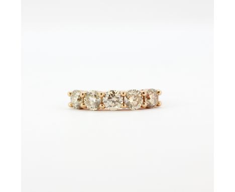 An 18ct rose gold ring set with five large brilliant cut diamonds, approx. 2.15ct total, (M).