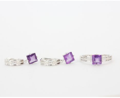 A pair of 925 silver clip back drop earrings set with amethyst and white stones with a matching 925 silver ring, (Q).