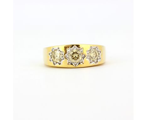 A large gent's 9ct yellow gold (stamped 9K) ring set with three brilliant cut diamonds, approx. 1ct total, size R. Gross weig