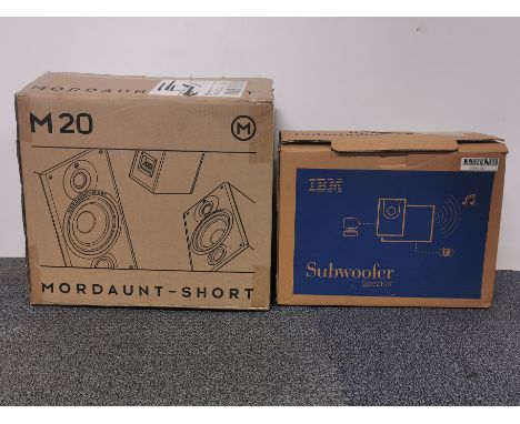 An IBM Subwoofer speaker, together with a pair of Mordaunt-Short M20 loudspeakers (M10039).