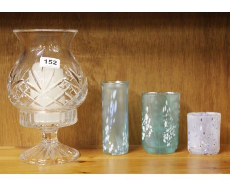 A heavy cut crystal storm lantern, H. 26cm. together with three pieces of Isle of Wight glass.