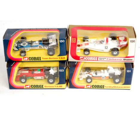 Corgi Toys Boxed Formula 1 Diecast Group, 4 window boxed examples to include No.153 Surtees T.2.9B, No.151 Yardley Mclaren M1