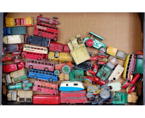 40 mixed play worn and repainted Dinky Toy and other diecasts to include Dunlop Double Decker Bus, Benzole Tanker, Massey Har