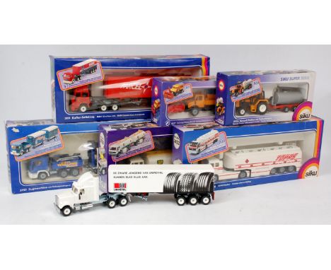 Siku 1/55th scale boxed commercial vehicle and farming group, 7 examples, 6 boxed and 1 with plain white all card box, exampl