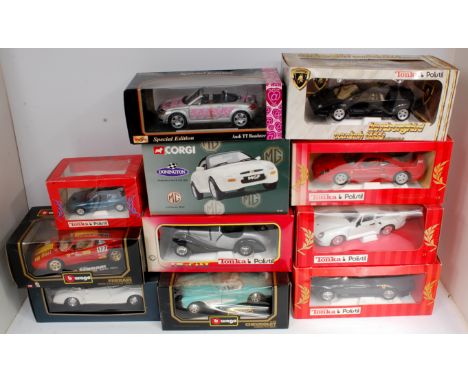 11 assorted 1/24th and 1/18th scale diecast group, mixed manufacturers to include Corgi, Polistil, Maisto and Burago, some bo