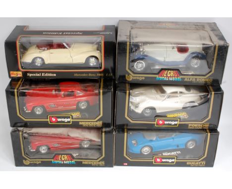 Burago and Maisto 1/18th and 1/24th scale diecast group, 12 boxed examples, some boxes require cleaning, and some windows spl