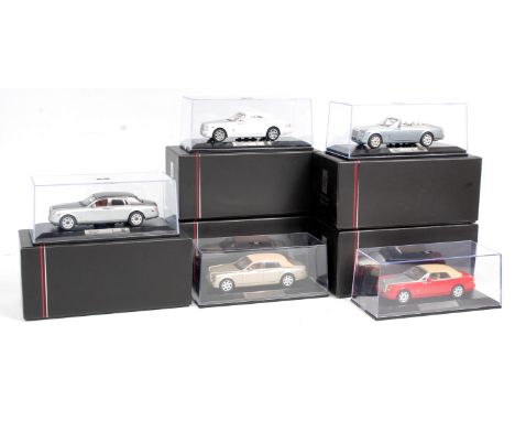 Ixo Models 1/43rd scale Rolls Royce Phantom Collection, 5 boxed as issued examples to include MOC128P Drophead Coupe 2007, MO
