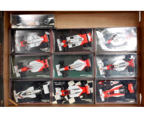 Minichamps 1/43rd scale Formula 1 Group, 10 plastic cased examples, all Mclaren examples to include Mclaren For Jody Scheckte