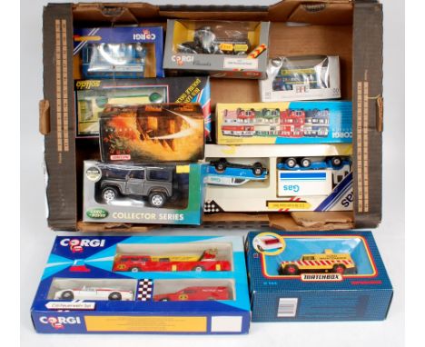 2 boxes of mixed modern issue diecast, 20 examples by Corgi, Matchbox, EFE, and others, examples to include Solido Londoner D