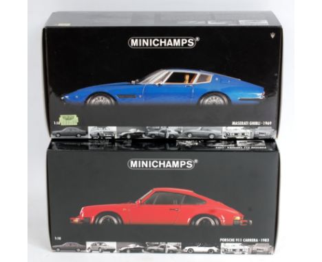 Minichamps 1/18th scale diecast car group, 2 boxed examples to include a Maserati Ghubli 1969 in metallic blue, and a Porsche