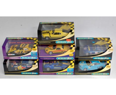 Scalextric 1/32nd scale Slot Racing Car Group, 7 boxed/cased examples to include C2479 Porsche Boxster "Yellow 04",  C2594 Ro