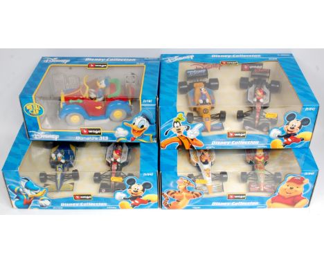 Disney Collection by Burago 1/24th and 1/18th scale group, 4 window boxed examples, to include Donald and Mickey Formula 1 Se