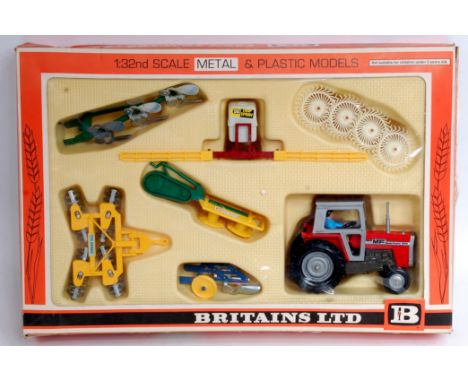 Britains No.9592 "Farm" Gift Set comprising of Massey Ferguson 595 Tractor with various implements including Disc Mower, Crop