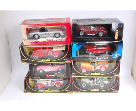 14 mixed 1/18th and 1/24th scale diecast vehicles, by Burago, Solido, Majorette, ERTL, Polistil and others, all in original b