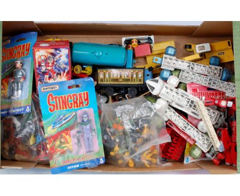 Box of mixed diecast, plastic figures and associated effects, mixed quantity to include Dinky Toys, Britains Space Figures, M