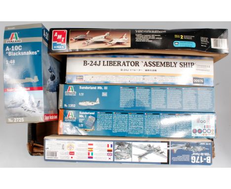 10 assorted mixed scale plastic aircraft kits, mixed manufacturers to include Italeri, Academy, AMT, Airfix and others, all a