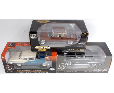 3 boxed 1/18th scale American Muscle and Highway 61 diecast vehicles, examples include 1967 Oldsmobile Super 88 and 1957 Chry