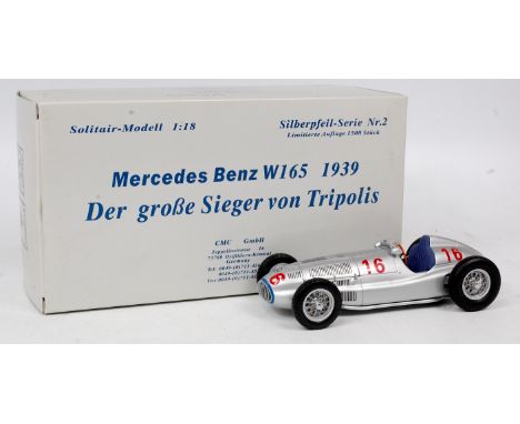 CMC of Germany, No.M-035 1/18th scale Mercedes W165 (1939), silver body with racing number 16, blue seats with wire wheels, i