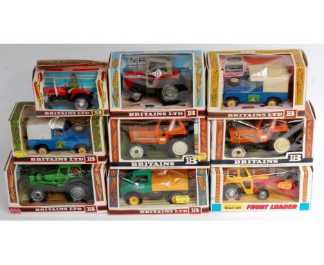 9 Boxed Britains Tractors and Farm Vehicles, all in original window boxes, to include No.9572 Massey Ferguson with Front Load