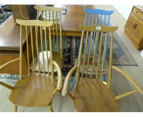 Set of four ercol light elm and beech spindle backed dining chairs- 1 painted
