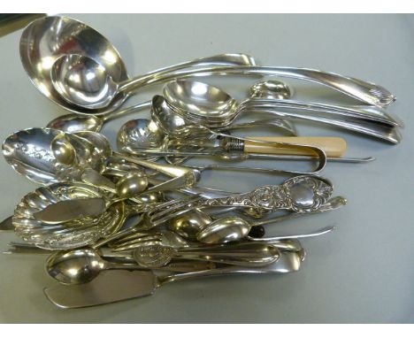 Quantity of silver plated cutlery including an Elkington ladle and two silver tea spoons