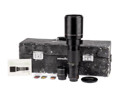 A Minolta MD APO Tele Rokkor f/6.3 600mm Lens, black, serial no. 2001083, body, VG, elements, VG-E, some very light internal 