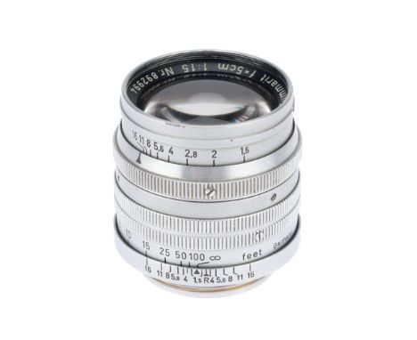 A Leitz Summarit f/1.5 50mm Lens with Engraving Error, chrome, serial no. 892994, body, VG, elements, F-G, some haze and fung