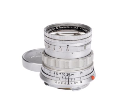 A Leitz Summicron f/2 50mm Lens, chrome, serial no. 1605857, body, VG, elements, G, some marks to the front element