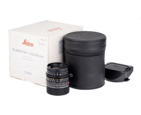A Leitz Elmarit-M f/2.8 28mm Lens, black, serial no. 3743131, body, E, elements, VG, some light internal haze and one tiny fu