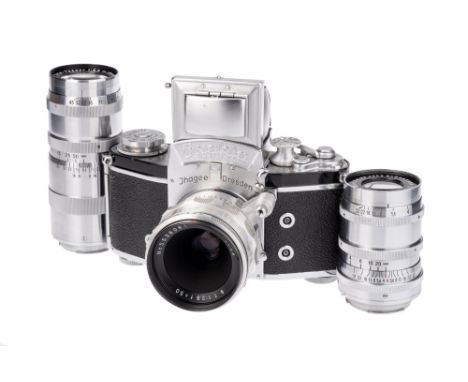 An Ihagee Exakta Varex IIa SLR Camera Outfit, 1957-61, chrome, serial no. 905490, with Jena T f2.8 50mm lens, chrome, serial 