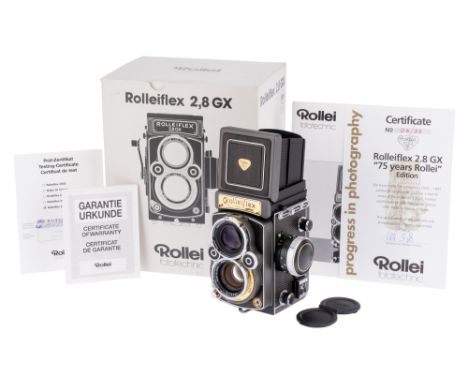 A Rollei Rolleiflex 2.8GX '75 Year' TLR Medium Format Camera, 1995, grey/gold, serial no. 1013339, with Rollei HFT Planar f/2