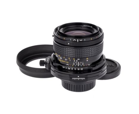 A Minolta Shift CA f/2.8 35mm Lens, black, serial no. 8001562, body, E, elements, VG-E, complete with lens hood and caps