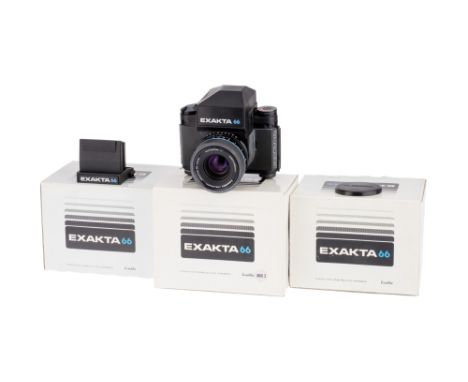 An Exakta 66 Mod 2 Medium Format SLR Camera, 1986, black, with Schneider Xenotar MF f/2.8 80mm lens, black, serial no. 142040