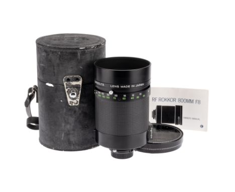 A Minolta RF Rokkor f/8 800mm Lens, black, serial no. 1016280, body, E, elements, VG-E, complete with filter set, lens caps a