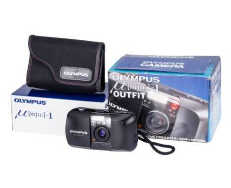 An Olympus MJU I 35mm Compact Camera, black, serial no. 6032462, body VG, optics VG, with maker's case &amp; original packagi